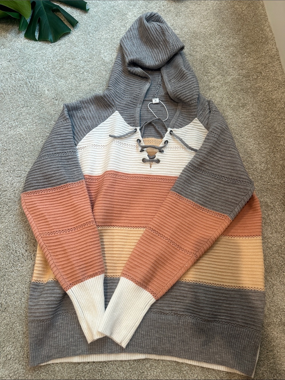 Striped Lace-Up Hooded Knit Sweater in Gray, Peach & Cream